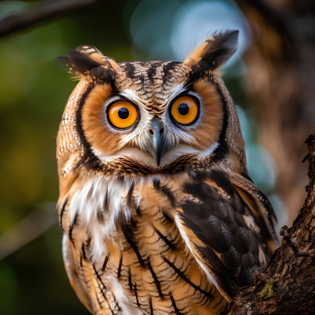 Portrait of an owl on a tree in the nature. Close-up.の素材