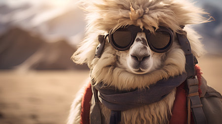 Portrait of a camel wearing aviator glasses and scarf in the desertの素材