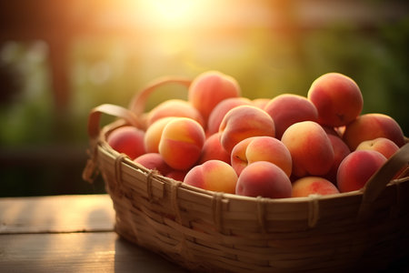 Ripe apricots in a basket on a wooden table. Selective focus.の素材