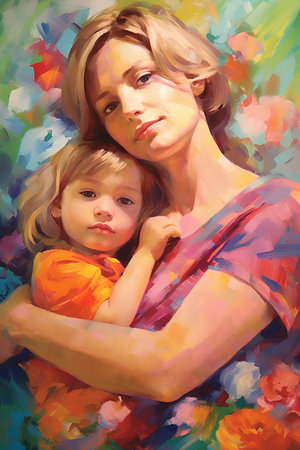 Portrait of mother with her daughter in colorful background. Digital painting.の素材