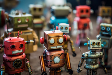 Vintage tin toy robots on a dark background, retro tonedの素材
