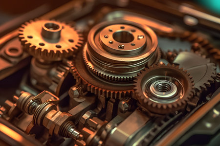 Close-up of gear wheels in car engine. 3D renderingの素材