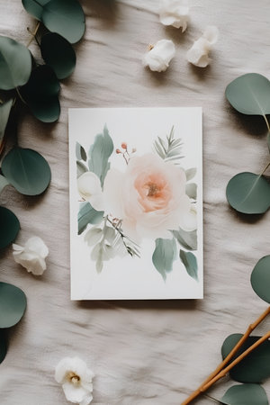 Flowers and eucalyptus branches on linen background. Flat lay, top viewの素材
