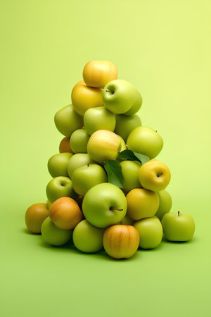 Pyramid of green apples and yellow apples on a green background.の素材
