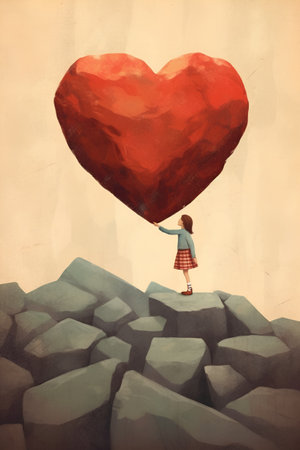 Illustration of a girl holding a red heart on top of a mountainの素材