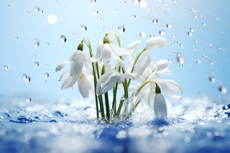 snowdrops on a blue background with water drops. spring conceptの素材