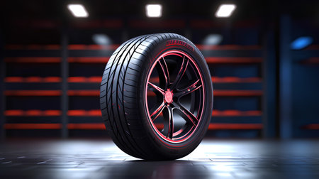 Car wheel in the garage. 3D illustration. 3d renderingの素材