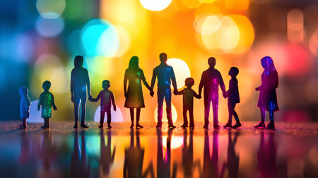 Silhouette of a family standing in front of a bokeh backgroundの素材
