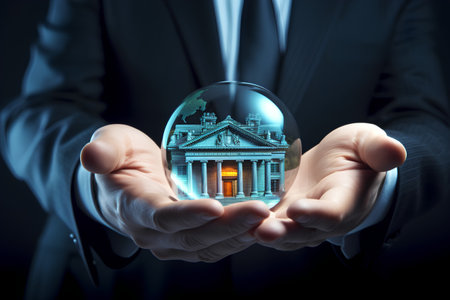 Businessman holding glass sphere with bank in his hands. 3D renderingの素材