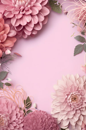 Creative layout made of pink dahlia flowers on pink background. Flat lay, top view, copy spaceの素材