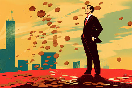 Vector illustration of a businessman standing on a big pile of coins.の素材