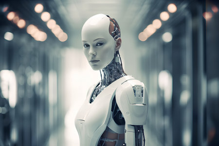 3d rendering of a female robot in a science fiction space stationの素材