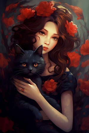 Portrait of a beautiful girl with black cat and red flowers.の素材