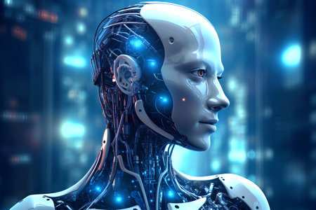 3d rendering of female robot with circuit board in blue light backgroundの素材