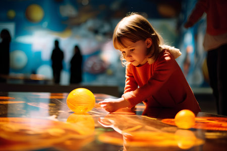 Cute little girl playing with colorful marbles in a museum.の素材