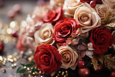 Bouquet of red and beige roses on a dark backgroundの素材