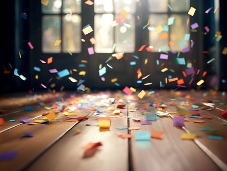 Colorful confetti on a wooden floor in a room with windowsの素材