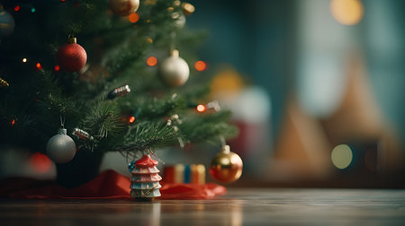 Christmas tree and decorations on a wooden table in the living room.の素材