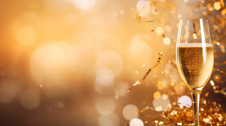 Glasses of champagne and golden confetti on bokeh backgroundの素材