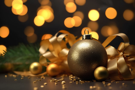Christmas composition with golden bauble and christmas tree on bokeh backgroundの素材