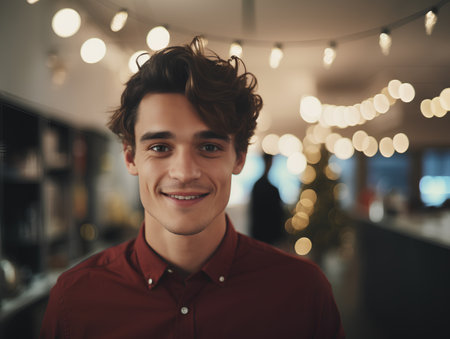 Portrait of a handsome young man smiling in a restaurant, looking at cameraの素材