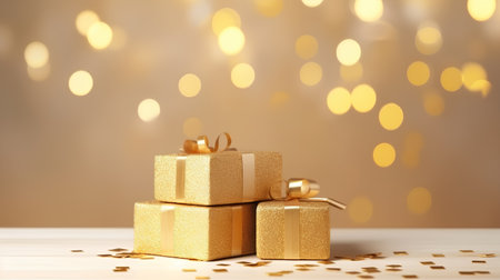 Golden gift boxes with gold ribbon on bokeh background, copy spaceの素材
