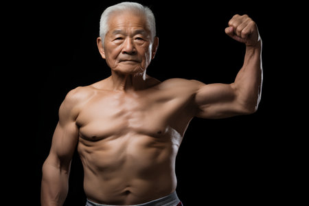 Old asian man flexing his biceps on black background.の素材