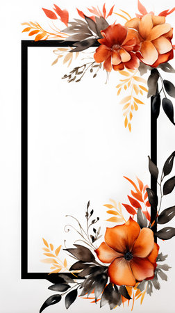 Watercolor floral frame with orange flowers and black frame on white backgroundの素材