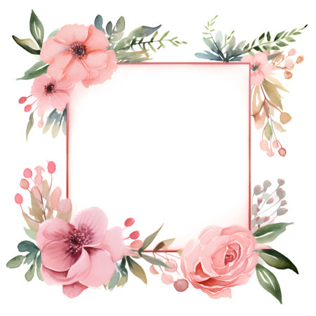 Watercolor floral frame with pink flowers and green leaves on white backgroundの素材