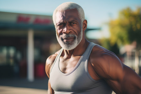 Portrait of a senior African American man working out at a gymの素材