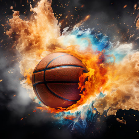 Basketball ball in fire flames against black background. 3d illustrationの素材