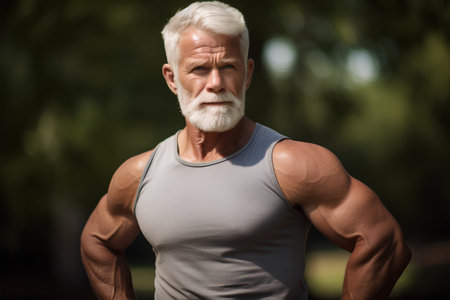 Portrait of a handsome senior man at the park. Fitness, sport and healthy lifestyle concept.の素材