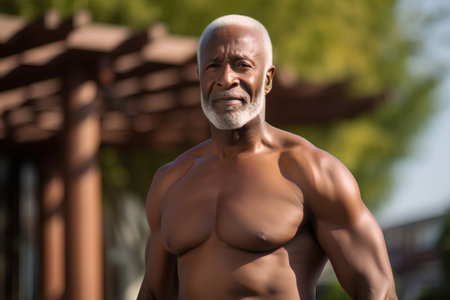 Portrait of an old man with a great physique posing in the park.の素材