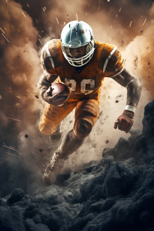 American football player in action on a dark background with smoke. Mixed mediaの素材