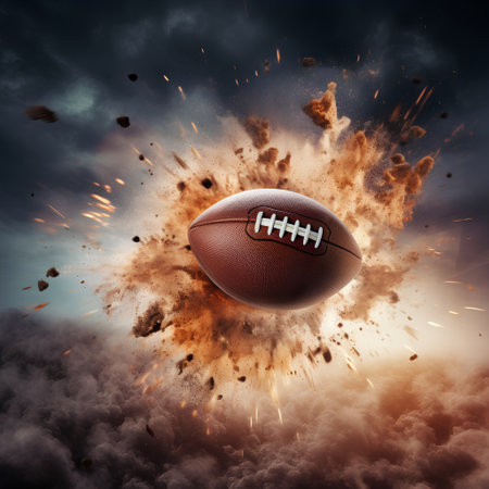 American football ball flying in the sky with smoke and fire. Mixed mediaの素材