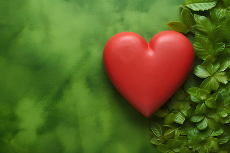 Valentine's day background with red heart and green leaves.の素材