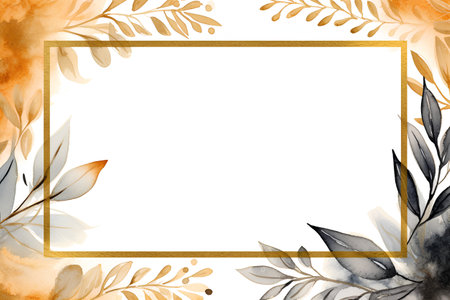 Frame with golden leaves and branches. Watercolor hand drawn illustration on white backgroundの素材