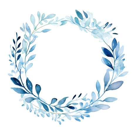 Watercolor wreath with blue leaves and branches. Vector illustration.の素材