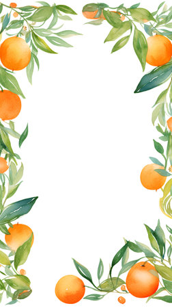 Watercolor frame with tangerines and leaves. Hand drawn illustrationの素材
