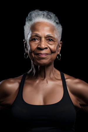 Portrait of happy senior african american woman in sportswearの素材