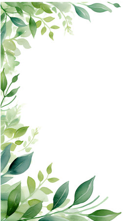 Watercolor floral frame with green leaves isolated on white background. Hand drawn illustrationの素材