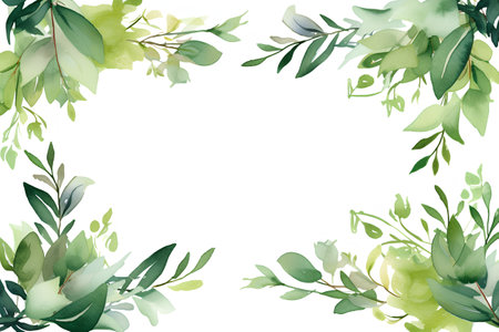 Watercolor floral frame with green leaves and branches on a white backgroundの素材