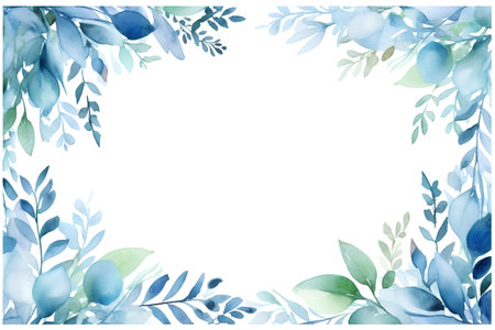 Watercolor floral frame with blue leaves and branches on white background.の素材