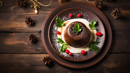 Christmas pudding with cranberries and cream on a dark wooden background.の素材