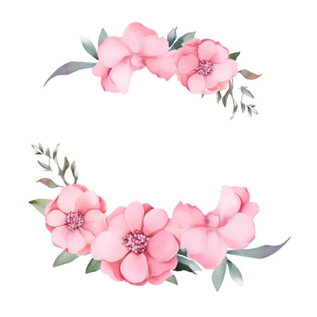 Watercolor floral wreath with pink flowers. Hand painted illustration.の素材