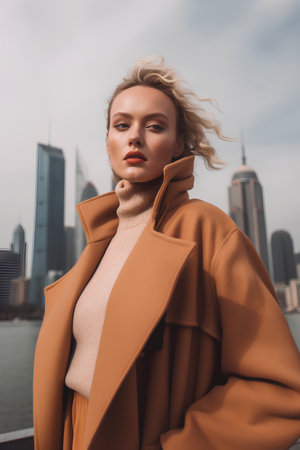 Fashionable young woman in beige coat on the background of skyscrapersの素材