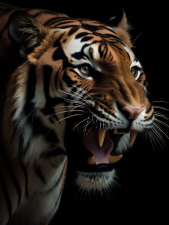 Close-up of a tiger with open mouth on a black backgroundの素材