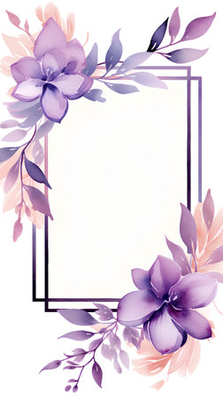 Watercolor floral frame with pink and purple flowers and leaves. Hand painted illustration.の素材