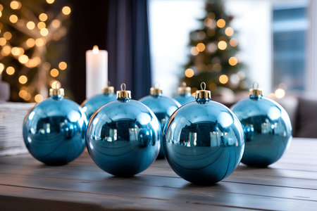 Blue Christmas baubles on wooden table in room with Christmas treeの素材