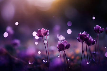 Purple anemone flowers with dew drops on bokeh backgroundの素材